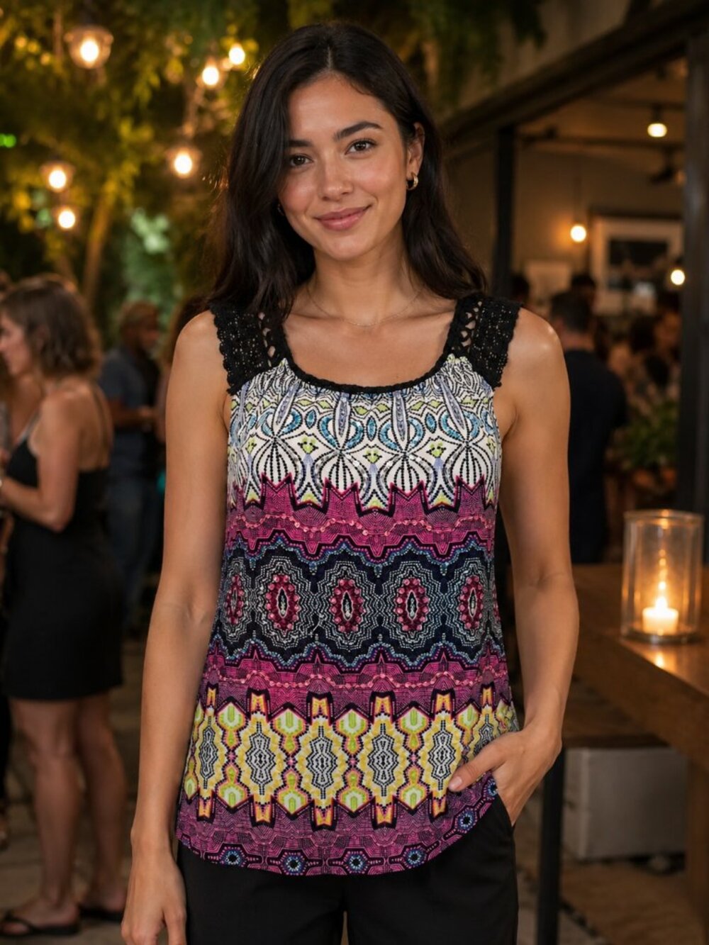 BILA multi colored tank top with crochet shoulder straps in size small